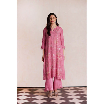 One Not Two Mauve Silk Kurta with Palazzo and Slip (Set of 3)