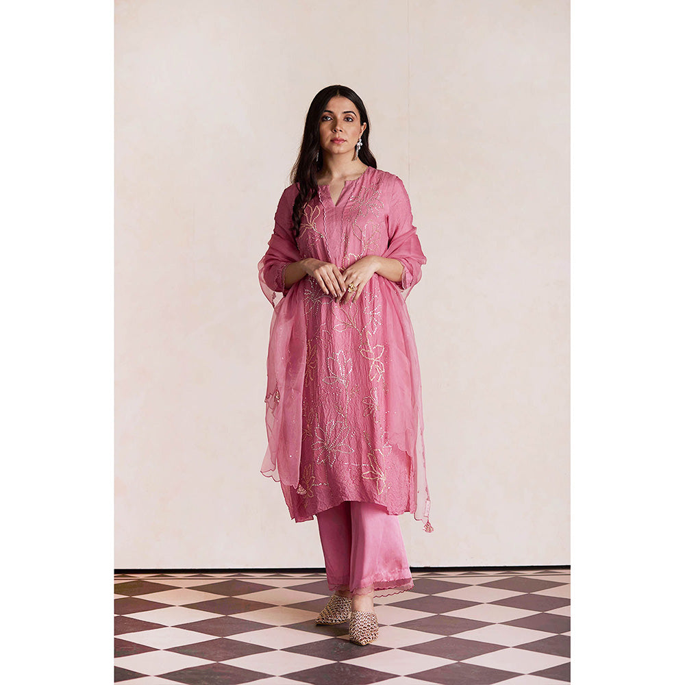 One Not Two Mauve Silk Kurta with Palazzo and Slip (Set of 3)