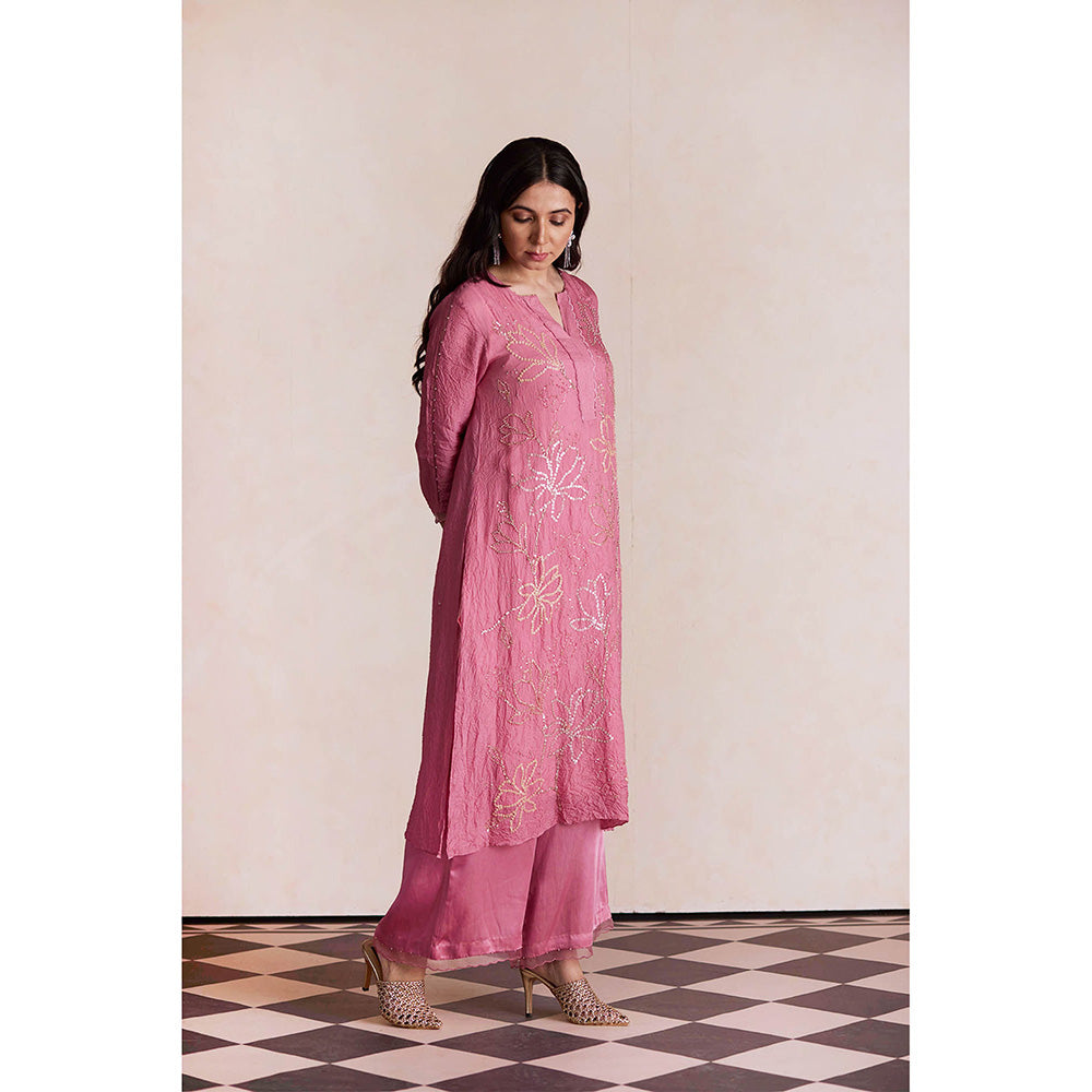 One Not Two Mauve Silk Kurta with Palazzo and Slip (Set of 3)