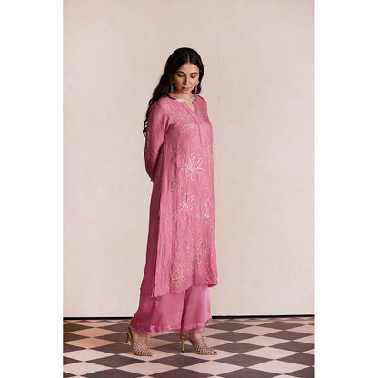 One Not Two Mauve Silk Kurta with Palazzo and Slip (Set of 3)