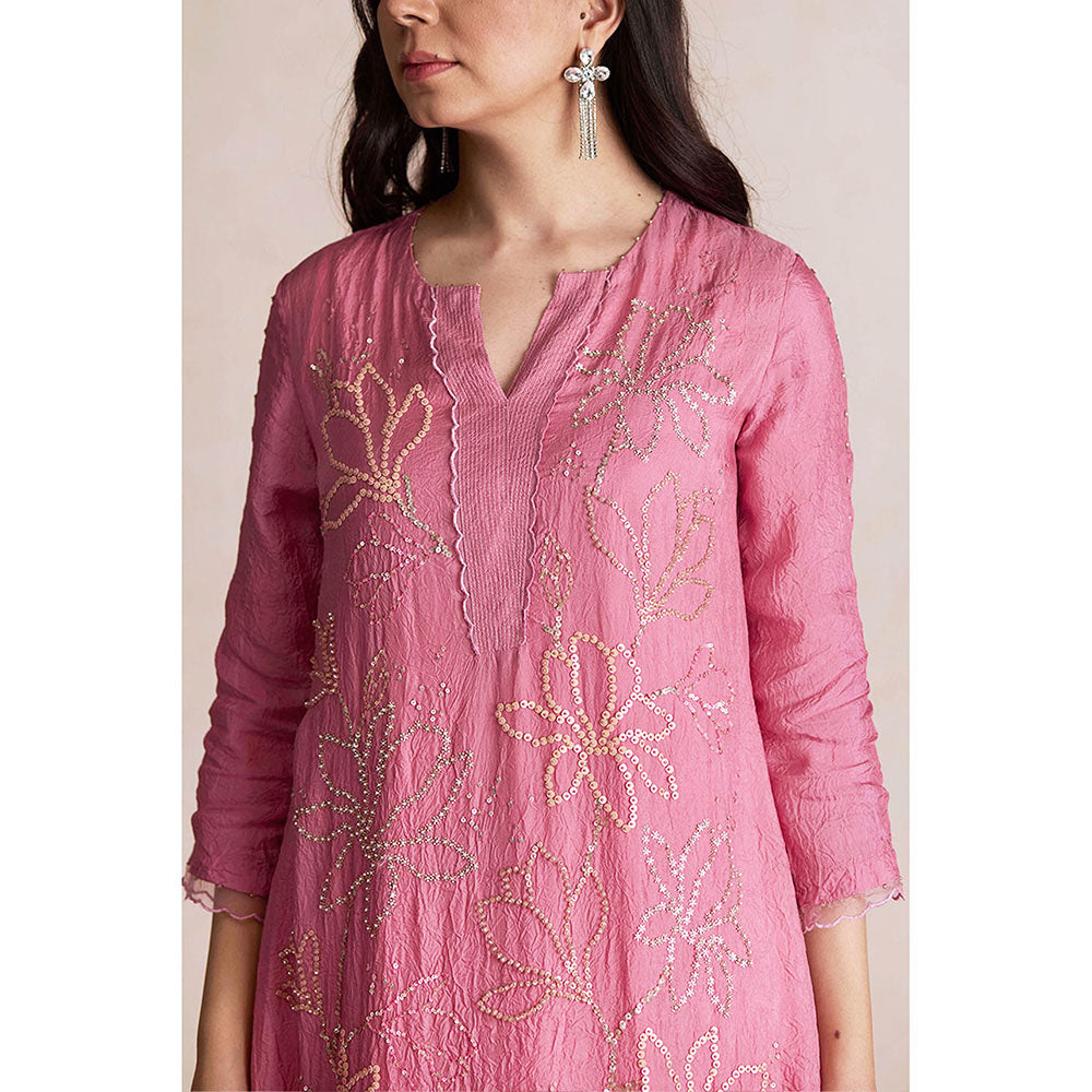 One Not Two Mauve Silk Kurta with Palazzo and Slip (Set of 3)
