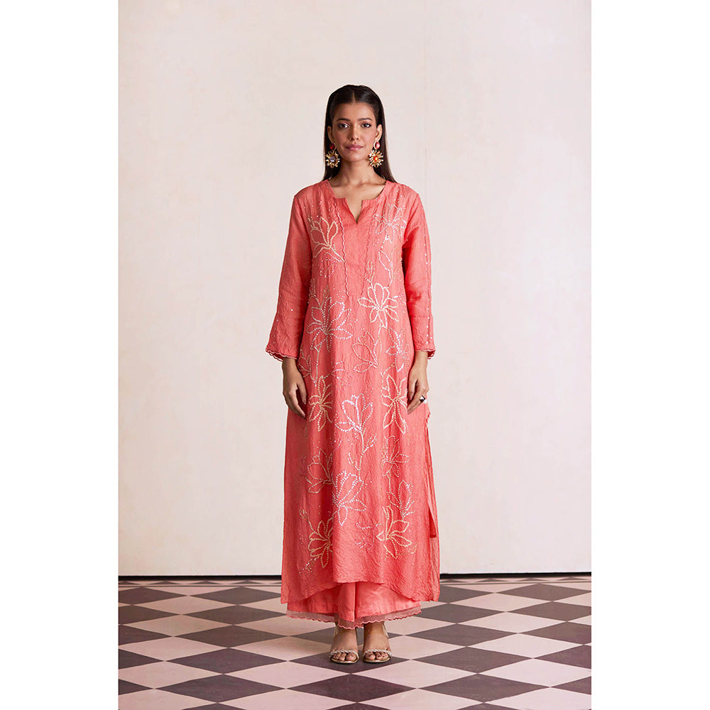 One Not Two Coral Silk Kurta with Palazzo and Slip (Set of 3)