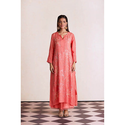 One Not Two Coral Silk Kurta with Palazzo and Slip (Set of 3)