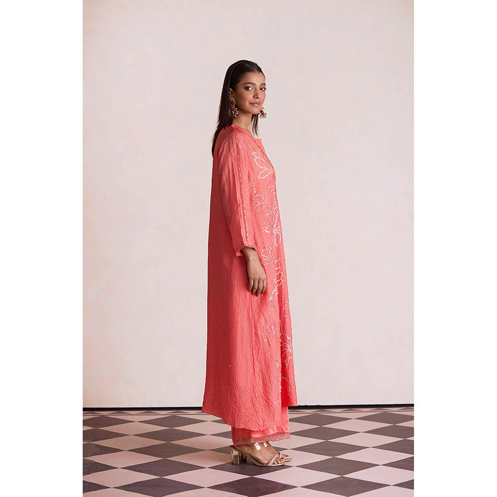 One Not Two Coral Silk Kurta with Palazzo and Slip (Set of 3)