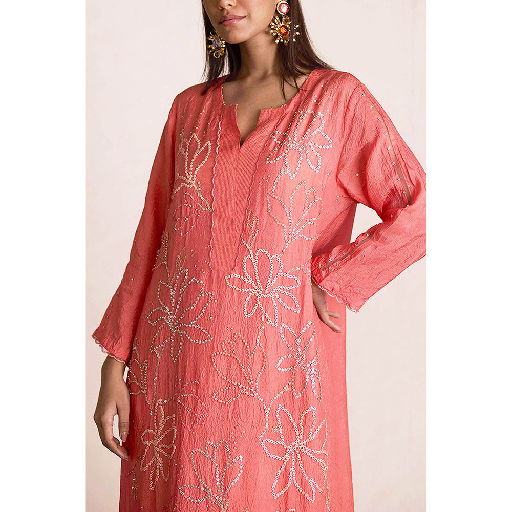 One Not Two Coral Silk Kurta with Palazzo and Slip (Set of 3)