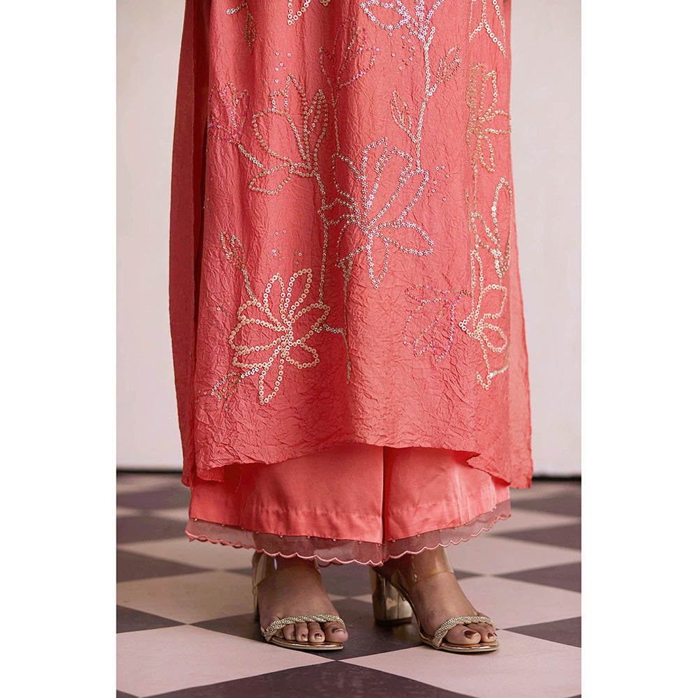 One Not Two Coral Silk Kurta with Palazzo and Slip (Set of 3)