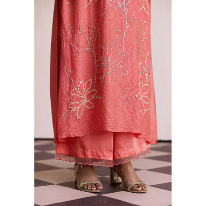 One Not Two Coral Silk Kurta with Palazzo and Slip (Set of 3)