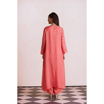 One Not Two Coral Silk Kurta with Palazzo and Slip (Set of 3)