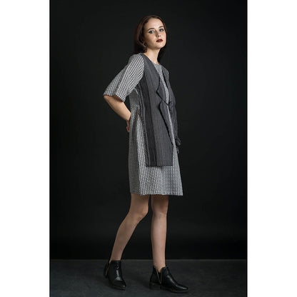 ORCR Tie Checks Three Fourth Sleeves Multi-Color Mini Dress