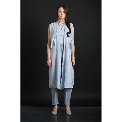 ORCR Long Embroidered Sleeveless Blue Jacket with Pant (Set of 2)