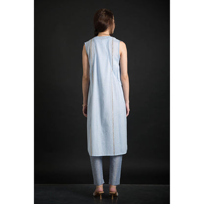 ORCR Long Embroidered Sleeveless Blue Jacket with Pant (Set of 2)