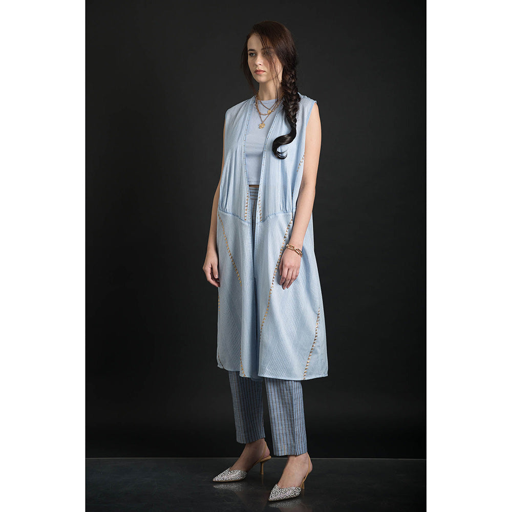 ORCR Long Embroidered Sleeveless Blue Jacket with Pant (Set of 2)