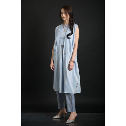 ORCR Long Embroidered Sleeveless Blue Jacket with Pant (Set of 2)