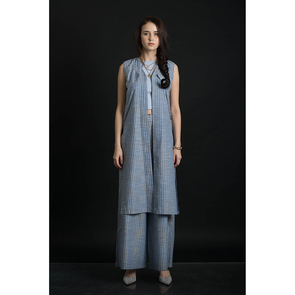 ORCR Dinak Stripes Sleeveless Blue Jacket with Pant (Set of 2)