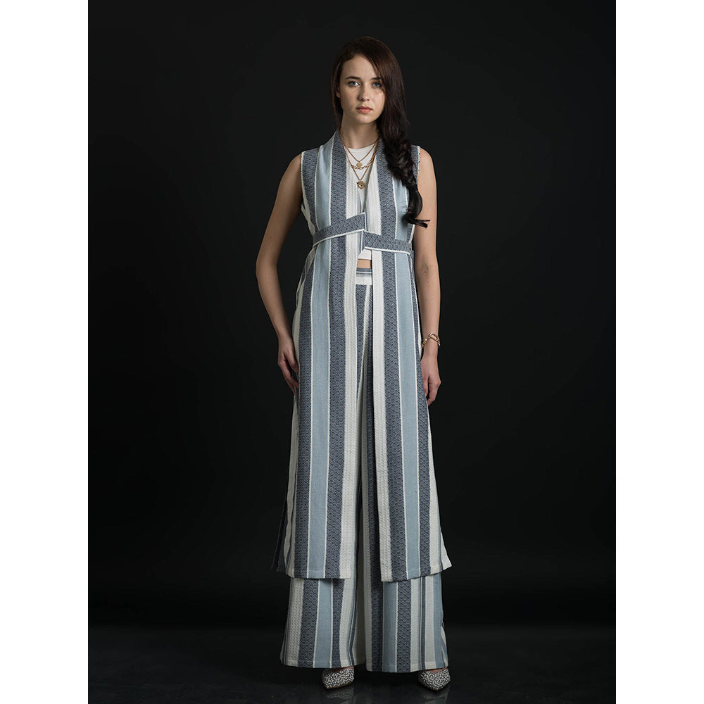 ORCR Parayan Stripes Sleeveless Blue Jacket with Pant (Set of 3)