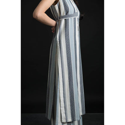 ORCR Parayan Stripes Sleeveless Blue Jacket with Pant (Set of 3)