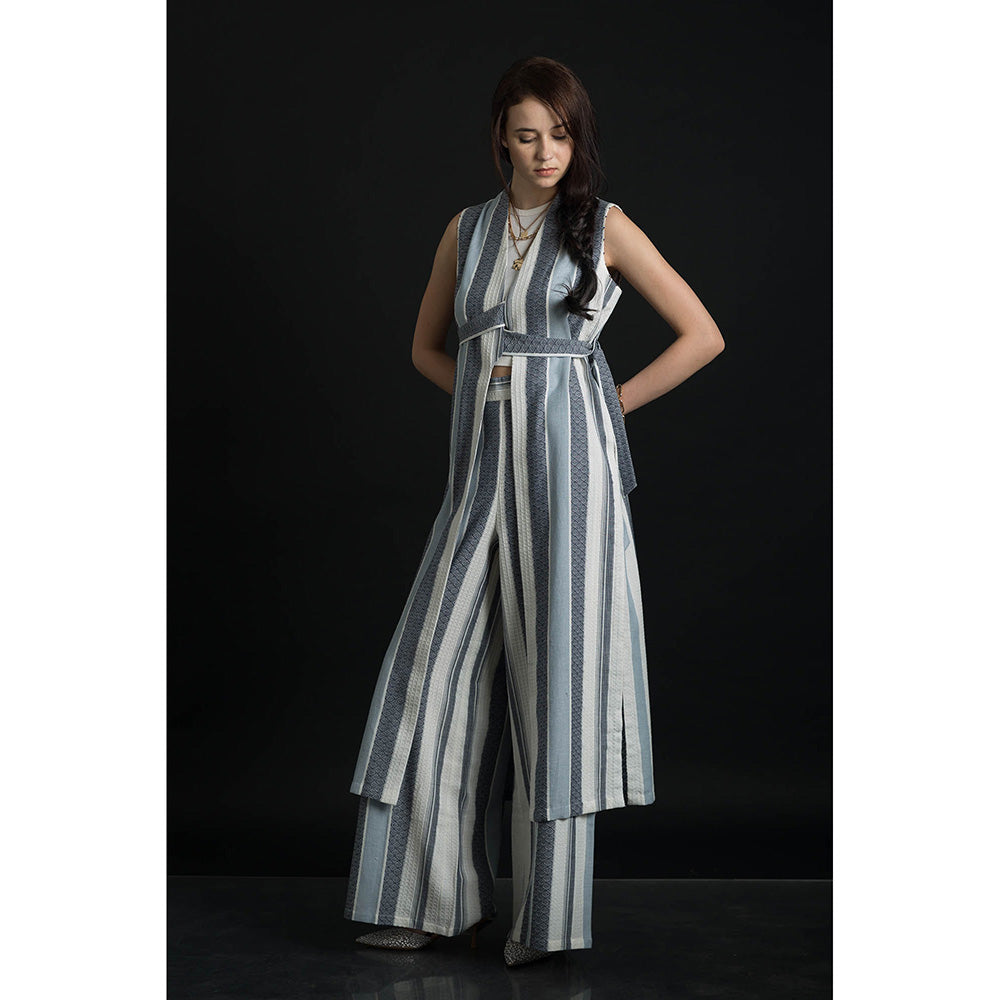 ORCR Parayan Stripes Sleeveless Blue Jacket with Pant (Set of 3)