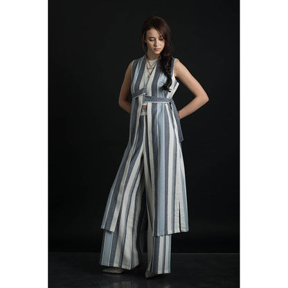 ORCR Parayan Stripes Sleeveless Blue Jacket with Pant (Set of 3)