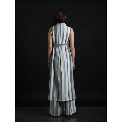 ORCR Parayan Stripes Sleeveless Blue Jacket with Pant (Set of 3)