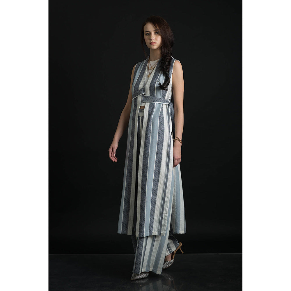 ORCR Parayan Stripes Sleeveless Blue Jacket with Pant (Set of 3)