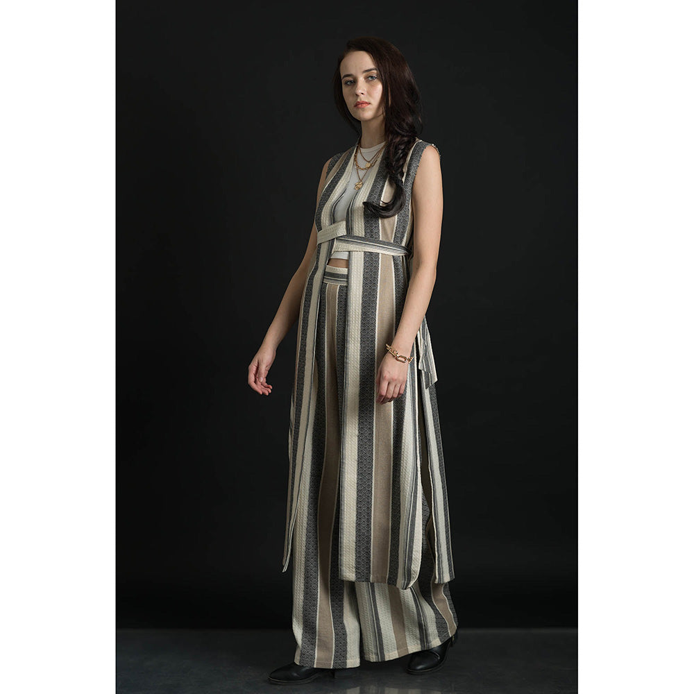 ORCR Parayan Stripes Sleeveless Beige Jacket with Pant (Set of 3)