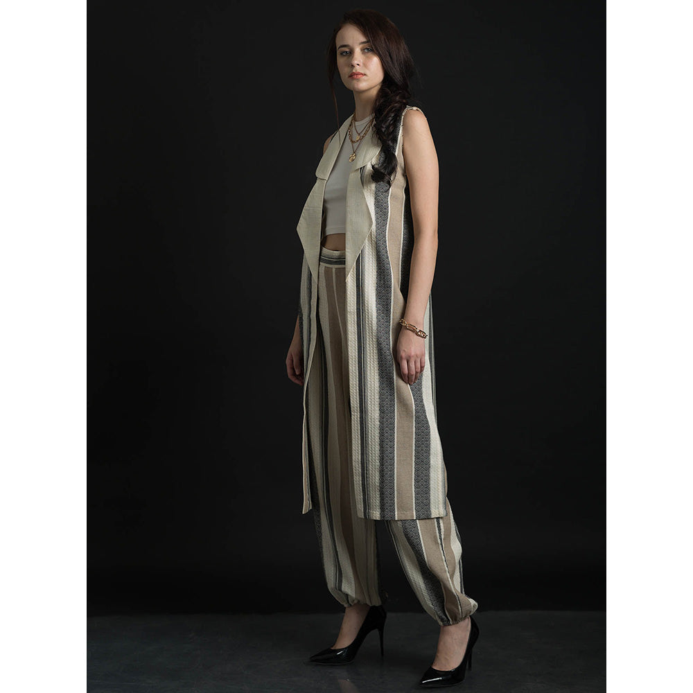 ORCR Double Stripes Sleeveless Beige Jacket with Pant (Set of 2)