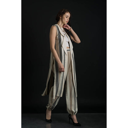 ORCR Double Stripes Sleeveless Beige Jacket with Pant (Set of 2)
