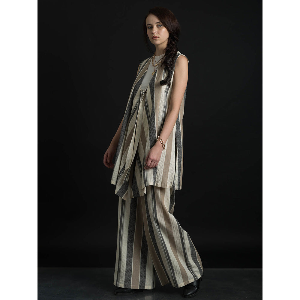 ORCR Tokyo Stripes Sleeveless Beige Jacket with Pant (Set of 2)