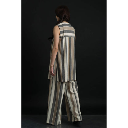 ORCR Tokyo Stripes Sleeveless Beige Jacket with Pant (Set of 2)