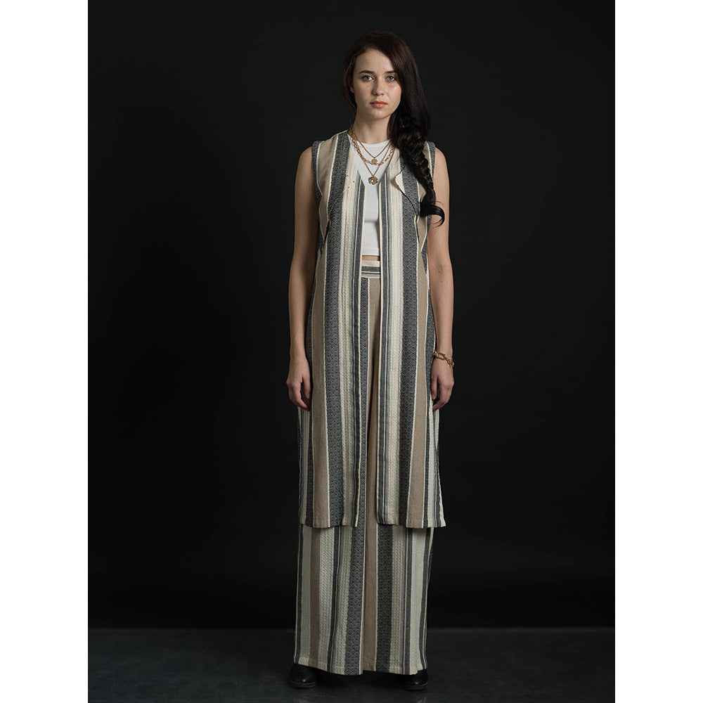 ORCR Dinak Stripes Sleeveless Beige Jacket with Pant (Set of 2)