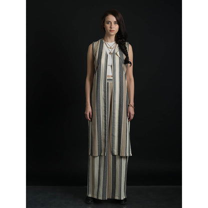 ORCR Dinak Stripes Sleeveless Beige Jacket with Pant (Set of 2)