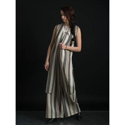 ORCR Dinak Stripes Sleeveless Beige Jacket with Pant (Set of 2)