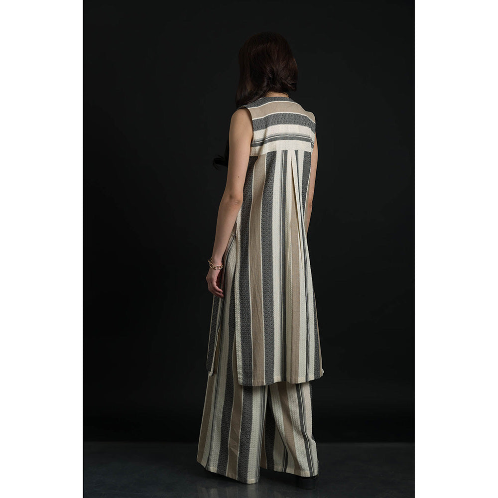 ORCR Dinak Stripes Sleeveless Beige Jacket with Pant (Set of 2)