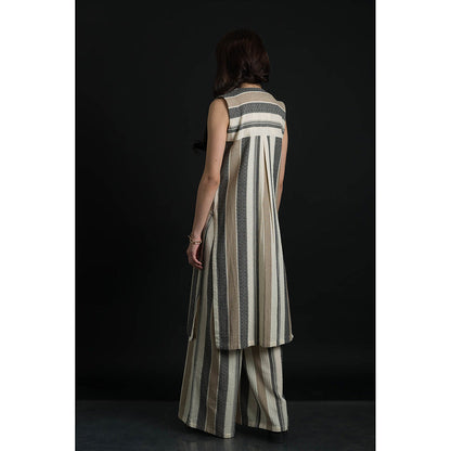 ORCR Dinak Stripes Sleeveless Beige Jacket with Pant (Set of 2)