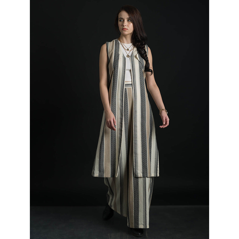 ORCR Dinak Stripes Sleeveless Beige Jacket with Pant (Set of 2)