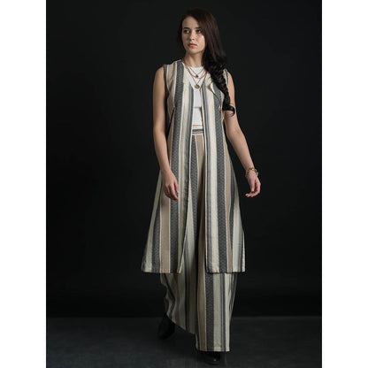 ORCR Dinak Stripes Sleeveless Beige Jacket with Pant (Set of 2)