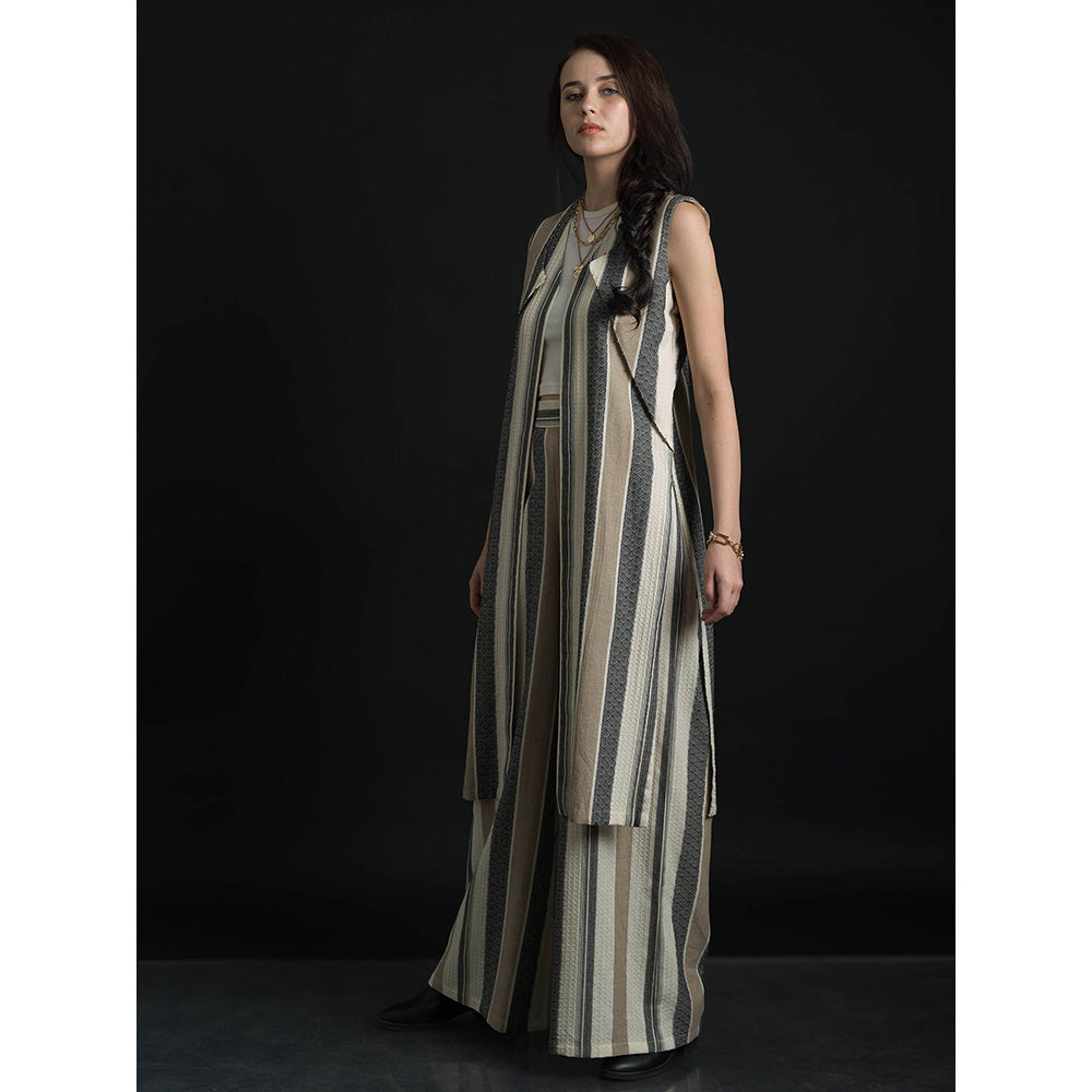 ORCR Dinak Stripes Sleeveless Beige Jacket with Pant (Set of 2)