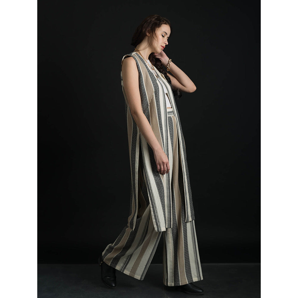 ORCR Dinak Stripes Sleeveless Beige Jacket with Pant (Set of 2)