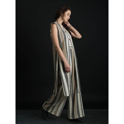 ORCR Dinak Stripes Sleeveless Beige Jacket with Pant (Set of 2)