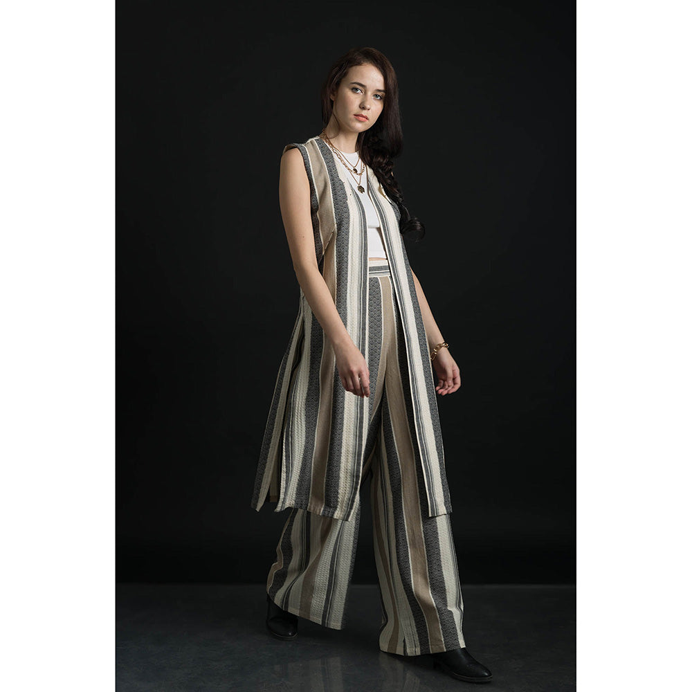 ORCR Dinak Stripes Sleeveless Beige Jacket with Pant (Set of 2)