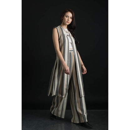 ORCR Dinak Stripes Sleeveless Beige Jacket with Pant (Set of 2)