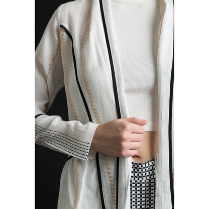 ORCR Carine Checks Full Sleeves Off White Jacket with Pant (Set of 2)