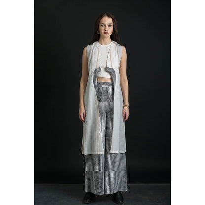 ORCR Ramin Checks Sleeveless Off White Jacket with Pant (Set of 2)