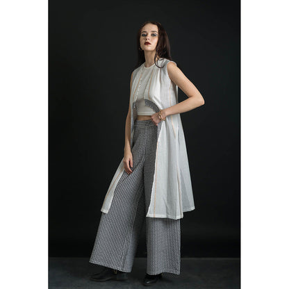 ORCR Ramin Checks Sleeveless Off White Jacket with Pant (Set of 2)