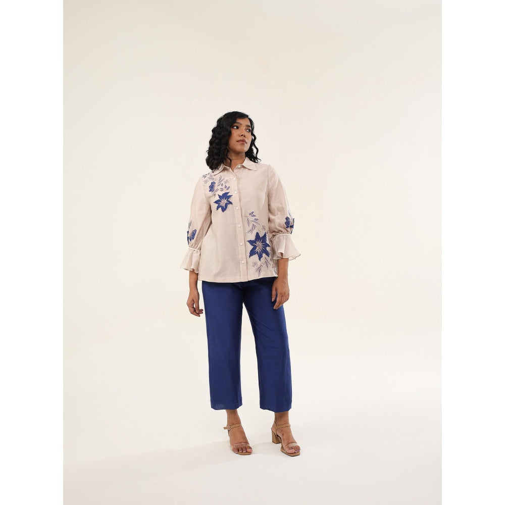 ORIGANI Beige and Blue Jasmine Floral Embroidered Shirt with Pant (Set of 2)