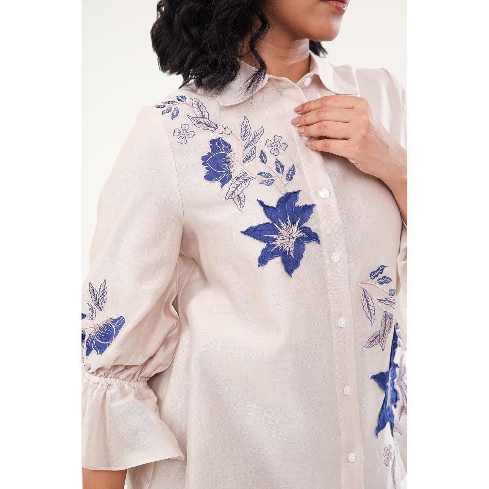 ORIGANI Beige and Blue Jasmine Floral Embroidered Shirt with Pant (Set of 2)