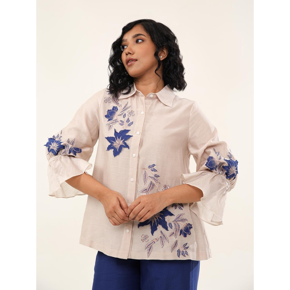ORIGANI Beige and Blue Jasmine Floral Embroidered Shirt with Pant (Set of 2)