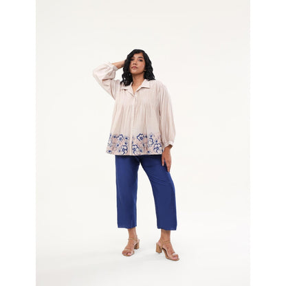 ORIGANI Beige and Blue Zinnia Top and Pant (Set of 2)