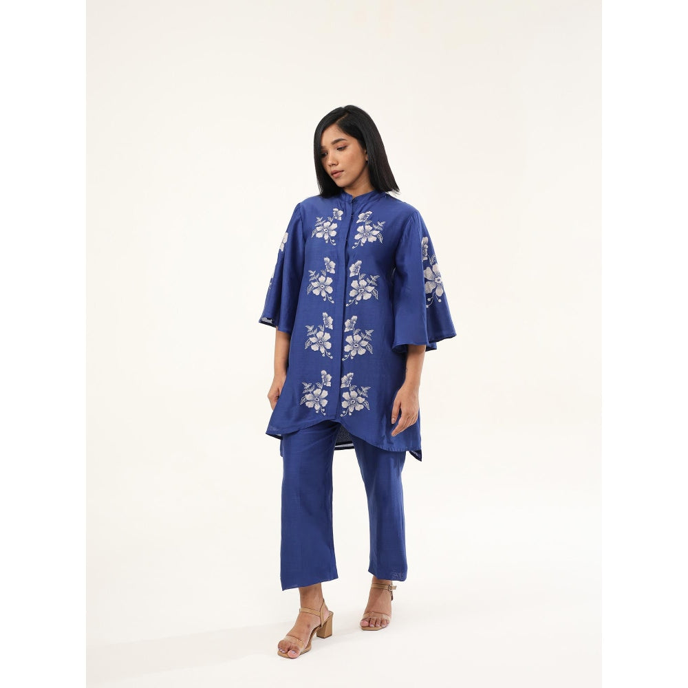 ORIGANI Blue Floral Embroidered Camellia Co-Ord (Set of 2)