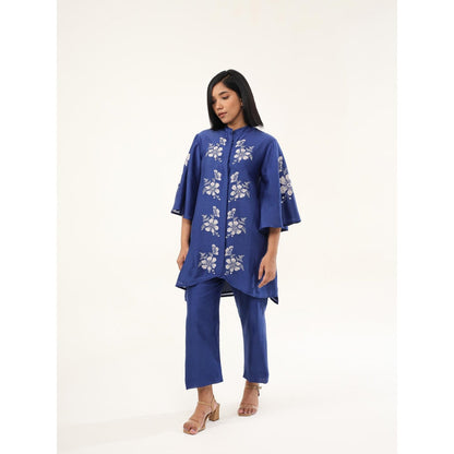 ORIGANI Blue Floral Embroidered Camellia Co-Ord (Set of 2)